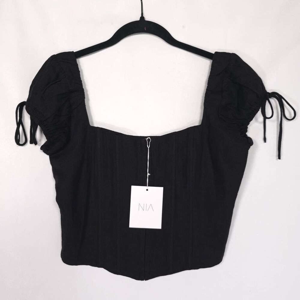 NWT NIA Women’s Corset Size L Domenico Black LINEN Blend Top Tie‎ Sleeve NT-1156